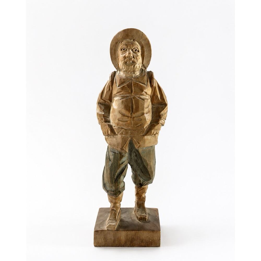 Hand Carved Wooden Man Figurine 6” Folk Art Farmer Peasant Sculpture